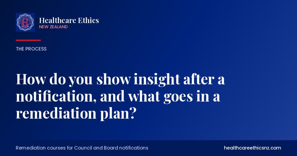How do you show insight after a notification, and what goes in a remediation plan?